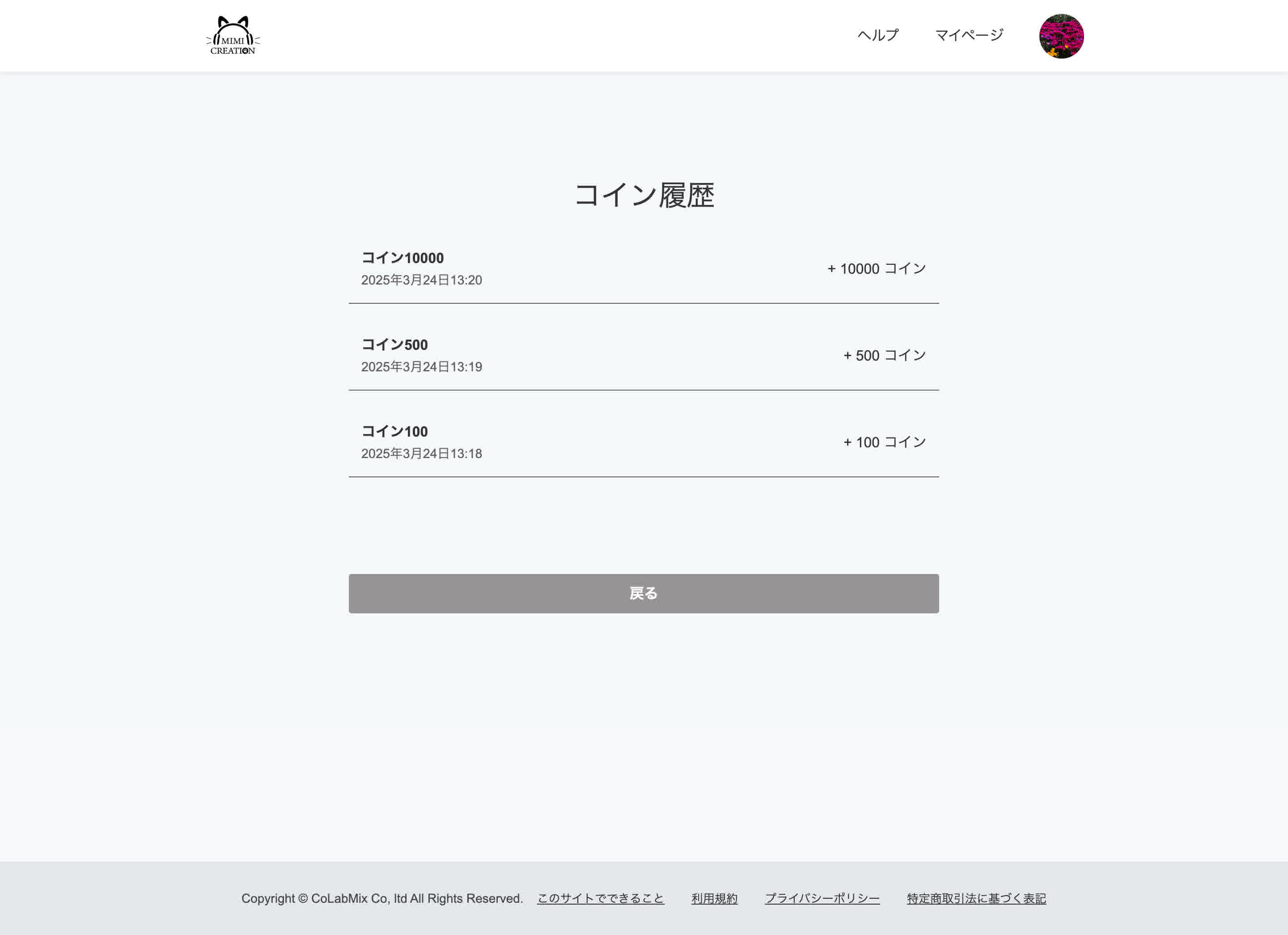 コインの消費・購入履歴